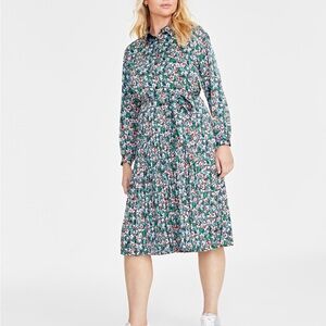 On 34th Long Sleeve Pleated Shirt Dress Floral Green Dress NWT Size XL
